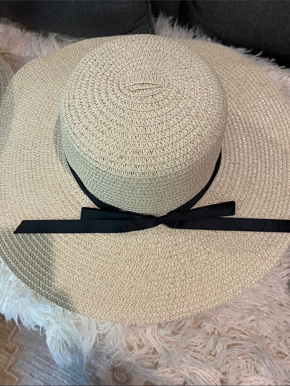 Wide Brim Straw Sun Hat with Black Ribbon CREAM BRAND NEW